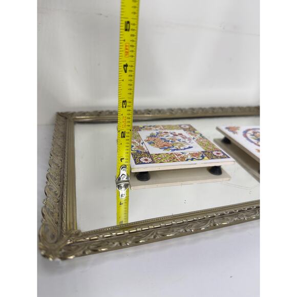 Set of Two Vintage Chinoiserie Style Coasters Trivets Tiles w/ Feet Floral - Picture 6 of 10